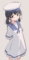 Rule 34 | 1girl, arms behind back, black eyes, black hair, blue sailor collar, blunt bangs, blush, collarbone, dress, feet out of frame, grey background, hat, hiburi (kancolle), kantai collection, looking at viewer, low twintails, sailor collar, sailor dress, sailor hat, short hair, short sleeves, short twintails, simple background, solo, standing, takamachiya, tareme, twintails, white dress, white hat