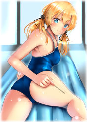 Rule 34 | 1girl, absurdres, anchor hair ornament, aqua eyes, ass, blonde hair, breasts, competition school swimsuit, door, hair between eyes, hair ornament, highres, himura moritaka, inflatable raft, kantai collection, long hair, looking at viewer, looking back, low twintails, medium breasts, one-piece swimsuit, prinz eugen (kancolle), rei no pool, school swimsuit, solo, sunlight, swimsuit, thighs, twintails, twitter username, window