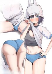 Rule 34 | 1girl, ass, bent over, blue archive, blue buruma, breasts, buruma, clothes lift, helmet, highres, large breasts, lifting own clothes, looking at viewer, multiple views, navel, nobisu tori, saki (blue archive), shirt, shirt lift, short hair, simple background, sitting, sports bra, white background, white headwear, white shirt