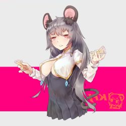 Rule 34 | 1girl, aged up, alternate hairstyle, animal ear fluff, animal ears, blush, breasts, capelet, commentary, commentary request, cookie (touhou), cropped torso, dress, english commentary, fairyfloss, grey dress, grey hair, holding, holding pencil, kfc, kofji (cookie), long hair, medium breasts, mixed-language commentary, mouse ears, mouse girl, mouse tail, nazrin, pen spinning, pencil, pink background, red eyes, solo, tail, touhou, two-tone background, upper body, white background, white capelet