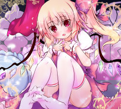 Rule 34 | 1girl, blonde hair, blush, feet, feet together, female focus, flandre scarlet, hair ribbon, highres, nagii yuki, no headwear, no headwear, no shoes, open mouth, pillow, remilia scarlet, ribbon, side ponytail, soles, solo, soulhunter en, thighhighs, toes, touhou, white thighhighs, wings, wrist cuffs