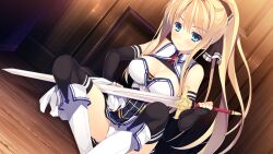 Rule 34 | 1girl, :&gt;, aikawa tatsuki, arena alseif, blonde hair, blue eyes, blush, boots, breasts, cleavage, closed mouth, detached collar, eyebrows hidden by hair, female focus, fingerless gloves, game cg, gloves, high ponytail, indoors, large breasts, legs, long hair, panties, pantyshot, ryuukishi bloody saga, sitting, skirt, smile, solo, sword, thighhighs, thighs, underwear, weapon