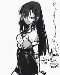 Rule 34 | 1girl, arms behind back, coffee mug, collared shirt, commentary, cup, dated, english commentary, from side, glasses, greyscale, hair behind ear, high-waist skirt, highres, jimbobox, long hair, monochrome, mug, original, round eyewear, shirt, skirt, solo, white background