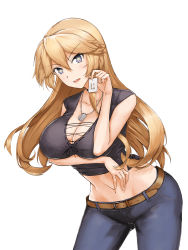 Rule 34 | 1girl, alternate costume, belt, blonde hair, blue eyes, blush, breasts, brown belt, cleavage, denim, ghound, groin, hair between eyes, iowa (kancolle), jeans, kantai collection, large breasts, navel, open mouth, pants, simple background, solo, star-shaped pupils, star (symbol), symbol-shaped pupils, white background