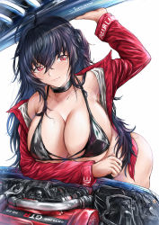 Rule 34 | 1girl, absurdres, artist name, ass, azur lane, bare shoulders, bikini, black bikini, black choker, black hair, breasts, choker, colycycle, crossed bangs, highres, huge breasts, jacket, leaning forward, looking at viewer, multi-strapped bikini bottom, multi-strapped bikini top, multiple straps, nissan skyline, nissan skyline gt-r, off shoulder, race queen, red eyes, red jacket, simple background, solo, swimsuit, taihou (azur lane), taihou (enraptured companion) (azur lane), white background