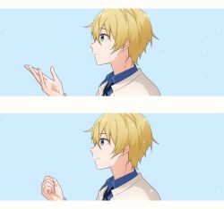 Rule 34 | 1boy, blonde hair, blue eyes, blue hair, blue shirt, border, closed mouth, coat, collared shirt, facing to the side, highres, kuze mitsuki, light blue hair, looking ahead, male focus, masaki 729, open mouth, parted lips, readyyy!, shirt, short hair, smile, solo, white border, white coat