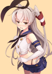 Rule 34 | 1girl, amatsukaze (kancolle), anchor hair ornament, beige background, black hairband, black neckerchief, black panties, blue sailor collar, blue skirt, brown eyes, commentary request, cosplay, cowboy shot, crop top, elbow gloves, gloves, hair ornament, hair tubes, hairband, highleg, highleg panties, kantai collection, long hair, microskirt, miniskirt, mofu namako, neckerchief, panties, partial commentary, pleated skirt, sailor collar, shimakaze (kancolle), shimakaze (kancolle) (cosplay), silver hair, skirt, solo, standing, two side up, underwear, white gloves