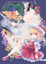 Rule 34 | 2girls, arm up, black headwear, blonde hair, blue background, bobby socks, clenched hand, commentary request, daisy, fingernails, flandre scarlet, flower, flower request, green eyes, green skirt, grey background, hat, hat ribbon, hiyuu (hiyualice), knees up, komeiji koishi, long sleeves, looking at viewer, mary janes, mob cap, multiple girls, nail polish, petticoat, pointy ears, puffy short sleeves, puffy sleeves, purple nails, red eyes, red footwear, red nails, red skirt, red vest, ribbon, shirt, shoes, short hair, short sleeves, side ponytail, silver hair, sitting, skirt, skirt set, smile, socks, sunflower, third eye, touhou, two-tone background, upside-down, vest, white headwear, white shirt, white socks, wrist cuffs, yellow shirt