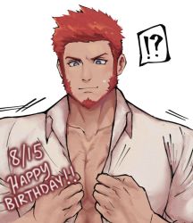 Rule 34 | !?, 1boy, beard, blue eyes, brown hair, bursting pectorals, collar, facial hair, fate/grand order, fate (series), goatee, happy birthday, izukuxo, large pectorals, long sideburns, pectoral cleavage, male focus, muscular, napoleon bonaparte (fate), open clothes, open shirt, pectorals, scar, sideburns, simple background, solo, unbuttoned
