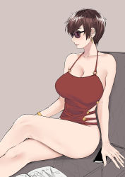 Rule 34 | 1girl, bare shoulders, breasts, brown hair, cellphone, cleavage, collarbone, commentary, earrings, english commentary, highres, jewelry, jumpsuit, large breasts, crossed legs, looking to the side, norman maggot, olive laurentia, original, phone, purple-tinted eyewear, purple-tinted glasses, red eyes, red jumpsuit, short hair, sitting, sleeveless, smartphone, smile, solo, sunglasses, tinted eyewear