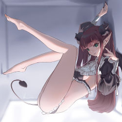 Rule 34 | 1girl, against wall, bare legs, barefoot, black horns, black nails, black tail, blunt bangs, box, breasts, commentary, commentary request, demon, demon girl, english commentary, fake nails, fang, fingernails, frilled panties, frills, full body, gothic lolita, green eyes, highres, horns, in box, in container, kitagawa marin, lolita fashion, long hair, long legs, medium breasts, mixed-language commentary, nail polish, panties, pointy ears, reclining, red hair, sharp fingernails, shrug (clothing), sideboob, solo, sono bisque doll wa koi wo suru, straight hair, toes, two side up, underwear, vafar7
