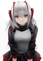 Rule 34 | + +, 1girl, arknights, black jacket, black skirt, breasts, cowboy shot, grey background, grey shirt, highres, horns, jacket, long hair, long sleeves, looking at viewer, medium breasts, miniskirt, multicolored hair, open clothes, open jacket, open shirt, parted lips, red eyes, red hair, shirt, signature, silver hair, simple background, skirt, solo, suiua, two-tone hair, w (arknights), white background