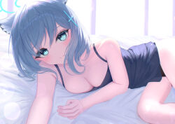 Rule 34 | 1girl, absurdres, alternate costume, animal ear fluff, animal ears, black panties, blue archive, blue eyes, blue halo, blush, breasts, casual, closed mouth, cross hair ornament, extra ears, grey hair, hair ornament, halo, highres, looking at viewer, lying, medium breasts, medium hair, mi7t0, mismatched pupils, on bed, on side, panties, shiroko (blue archive), solo, tank top, underwear, wolf ears