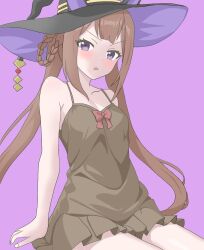 Rule 34 | 1girl, alternate costume, animal ears, blush, breasts, brown hair, cleavage, collarbone, commentary request, hair between eyes, hair rings, hat, horse ears, horse girl, kurama (jpjvn42ej6tug5n), lingerie, long hair, open mouth, purple background, small breasts, solo, sweep tosho (umamusume), twintails, umamusume, underwear, witch hat