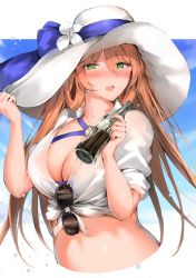 Rule 34 | 1girl, bad id, bad pixiv id, blue ribbon, blue sky, border, breasts, brown hair, cleavage, cloud, coca-cola, unworn eyewear, flower, girls&#039; frontline, green eyes, hair rings, hat, hat ribbon, hibiscus, highres, large breasts, long hair, navel, o-ring, o-ring top, official alternate costume, open mouth, ponytail, ribbon, sarong, sidelocks, sky, solo, springfield (girls&#039; frontline), springfield (senjuushi), springfield (stirring mermaid) (girls&#039; frontline), sun hat, sunglasses, sunglasses removed, syotastar, white border