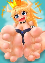 Rule 34 | +++, 1girl, absurdres, armlet, bare shoulders, barefoot, blonde hair, blue eyes, bowsette, bracelet, breasts, cleavage, collar, crown, dress, eyelashes, eyes visible through hair, fang, feet, foot focus, forked eyebrows, graphite (medium), head tilt, highres, horns, hypnos20002000, jewelry, leotard, long hair, mario (series), mechanical pencil, medium breasts, new super mario bros. u deluxe, nintendo, open mouth, pencil, ponytail, smile, soles, solo, spiked armlet, spiked bracelet, spiked collar, spikes, super crown, thick eyebrows, toes, traditional media