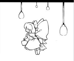 Rule 34 | 1980s (style), 1girl, bad id, bad twitter id, blunt bangs, bobby socks, bow, bucket, commentary request, dress, fairy maid (touhou), fairy wings, frilled dress, frills, full body, greyscale, hair bow, lamp, monochrome, mop, oldschool, puffy short sleeves, puffy sleeves, retro artstyle, short hair, short sleeves, socks, takemoto izumi (style), touhou, wings, yatyou