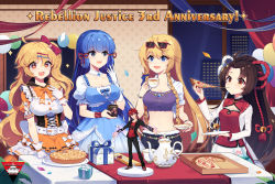 Rule 34 | + +, 4girls, :d, absurdres, ahoge, anniversary, balloon, belt, blonde hair, blouse, blue dress, blue eyes, blue hair, bow, braid, breasts, brown eyes, brown hair, building, character doll, character request, cleavage, collar, copyright name, cup, detached collar, dress, eating, food, gift, gloves, hair ornament, hair ribbon, hairclip, hand up, hayama natsumi, highres, indoors, kyuukumo chieko, long hair, long sleeves, medium breasts, midriff, multiple girls, navel, official art, open mouth, orange bow, orange dress, pie, pizza, puffy short sleeves, puffy sleeves, purple shirt, rebellion justice, ribbon, saucer, sharlorc, shirt, short shorts, short sleeves, shorts, skyscraper, small breasts, smile, stomach, table, tea, teacup, teapot, twin braids, very long hair, white collar, white gloves, wristband