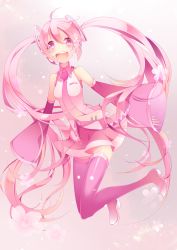 Rule 34 | 1girl, absurdres, ahoge, bad id, bad pixiv id, boots, cherry blossoms, detached sleeves, flower, hair flower, hair ornament, hatsune miku, highres, long hair, necktie, open mouth, petals, pink eyes, pink footwear, pink hair, sakura miku, skirt, solo, temari (deae), thigh boots, thighhighs, twintails, very long hair, vocaloid