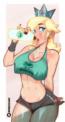 Rule 34 | 1-up mushroom, 1girl, 1up, absurdres, arm behind back, artist name, bare arms, bare shoulders, black nails, black shorts, blonde hair, blue eyes, blush, body blush, border, bottle, breasts, cleavage, clothes writing, collarbone, cowboy shot, crop top, crop top overhang, crown, earrings, english text, eyelashes, fingernails, glowing, green tank top, hand up, highres, holding, holding bottle, jewelry, large breasts, lips, long fingernails, looking away, mario (series), medium hair, micro shorts, midriff, motion lines, nail polish, navel, nintendo, nose, nostrils, open hand, open mouth, pink background, resizeart, rosalina, sharp fingernails, shiny skin, shorts, sleeveless, solo, sparkle, star (symbol), star earrings, stomach, super mario galaxy, sweat, sweatband, tank top, teeth, thick eyebrows, thighs, tongue, twitter logo, twitter username, upper teeth only, water bottle, white border, wristband
