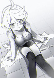 Rule 34 | 1girl, blush, breasts, cleavage, collarbone, competition swimsuit, from above, greyscale, gundam, gundam suisei no majo, haapi jang p, highres, long hair, looking at viewer, looking up, medium breasts, miorine rembran, monochrome, one-piece swimsuit, pout, sitting, solo, swimsuit, thighhighs, tile floor, tiles, v-shaped eyebrows, very long hair