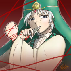 Rule 34 | 1boy, blue eyes, buttons, clenched hand, covered mouth, dagger, egyptian clothes, fingernails, freckles, fuku86u, green headwear, holding, holding dagger, holding knife, holding weapon, ja&#039;far (magi), keffiyeh, knife, magi the labyrinth of magic, male focus, red background, shirt, short hair, solo, sparkle, string, twitter username, upper body, weapon, white hair, white shirt, wide sleeves