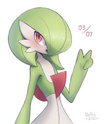 Rule 34 | artist name, bellavoirr, blush, commentary, creatures (company), dated, english commentary, game freak, gardevoir, gardevoir day, gen 3 pokemon, hand up, looking at viewer, nintendo, open mouth, orange eyes, pokemon, pokemon (creature), simple background, smile, solo, tongue, v, white background