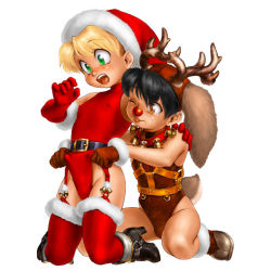 Rule 34 | 2boys, ;p, animal costume, belt, black hair, blonde hair, brown gloves, christmas, collar, covered erect nipples, elbow gloves, gloves, green eyes, jpeg artifacts, kneeling, leotard, male focus, multiple boys, one eye closed, open mouth, orange eyes, original, po-ju, red gloves, reindeer costume, santa costume, simple background, sitting, thighhighs, tongue, tongue out, wariza, white background, wink