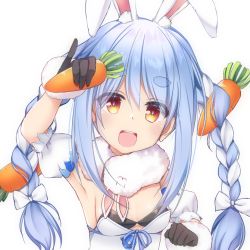 Rule 34 | 1girl, animal ear fluff, animal ears, armband, armpits, black gloves, blue hair, braid, breasts, carrot, carrot hair ornament, cleavage, eyebrows, food, food-themed hair ornament, gloves, hair ornament, holding, holding food, hololive, lapsuswolf, long braid, long hair, looking at viewer, multicolored hair, open mouth, pinky out, rabbit ears, rabbit girl, scarf, small breasts, solo, teeth, transparent background, twin braids, two-tone hair, usada pekora, usada pekora (1st costume), virtual youtuber, white hair