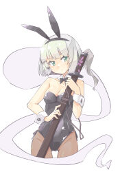Rule 34 | 1girl, animal ears, arnest, bare shoulders, black bow, black bowtie, black leotard, black pantyhose, bow, bowtie, breasts, cleavage, detached collar, expressionless, fake animal ears, green eyes, grey hair, highres, holding, holding sheath, holding sword, holding weapon, konpaku youmu, konpaku youmu (ghost), large breasts, leotard, pantyhose, playboy bunny, rabbit ears, sheath, sheathed, short hair, strapless, strapless leotard, sword, touhou, weapon, wrist cuffs
