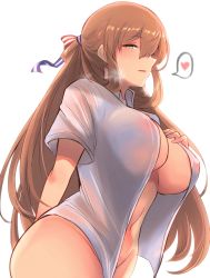 Rule 34 | 10eki (tenchou), 1girl, absurdres, arm behind back, blush, breasts, brown hair, cowboy shot, girls&#039; frontline, green eyes, groin, hair between eyes, hair ribbon, hair rings, hand on own chest, heart, highres, large breasts, long hair, looking at viewer, naked shirt, open clothes, open mouth, open shirt, ribbon, shirt, sidelocks, simple background, solo, spoken heart, springfield (girls&#039; frontline), thighs, white background, white shirt