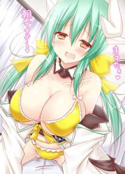 Rule 34 | 1girl, aqua hair, bare shoulders, bikini, blush, bow, breasts, cameltoe, cleavage, fate/grand order, fate (series), hair bow, horns, kiyohime (fate), kiyohime (fate/grand order), kiyohime (swimsuit lancer) (fate), kiyohime (swimsuit lancer) (first ascension) (fate), large breasts, long hair, looking at viewer, navel, ponytail, sakurapochi, smile, solo, swimsuit, yellow eyes