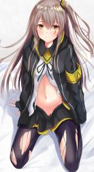 Rule 34 | 1girl, akabane hibame, armband, bed sheet, black pantyhose, black ribbon, black skirt, blush, brown hair, closed mouth, fingerless gloves, girls&#039; frontline, gloves, hair between eyes, hair ornament, highres, hood, hood down, hooded jacket, jacket, long hair, long sleeves, looking at viewer, navel, neck ribbon, one side up, open clothes, open jacket, open shirt, pantyhose, pleated skirt, ribbon, scar, scar across eye, scar on face, seiza, shirt, sidelocks, sitting, skirt, smile, stomach, torn clothes, torn legwear, torn shirt, ump45 (girls&#039; frontline), white shirt, yellow eyes