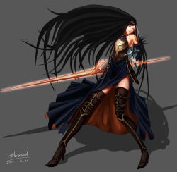 Rule 34 | 1girl, armor, bare shoulders, black hair, blue eyes, boots, bridal gauntlets, castlevania (series), castlevania: order of ecclesia, dated, grey background, high heel boots, high heels, highres, long hair, shanoa, simple background, solo, tattoo, thigh boots, thighhighs, very long hair, weapon, zebrahead