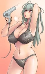 Rule 34 | 00s, 1girl, aged up, arm up, black bra, black panties, blush, bra, breasts, cable, cleavage, gradient background, hair dryer, large breasts, long hair, mature female, navel, open mouth, panties, red eyes, rozen maiden, simple background, solo, suigintou, tsuda nanafushi, underwear, underwear only