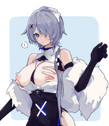 Rule 34 | 1girl, 1other, ?, arknights, bare shoulders, black choker, black dress, black gloves, blue eyes, blush, border, grabbing another&#039;s breast, breasts, choker, cleavage cutout, clothing cutout, coldcat., commentary request, dress, elbow gloves, eyepatch, feather boa, gloves, grabbing, groping, hair ornament, hand up, highres, large breasts, light blue background, medical eyepatch, nipples, official alternate costume, one eye covered, parted lips, puffy nipples, purple hair, short hair, sleeveless, sleeveless dress, solo focus, speech bubble, spoken question mark, two-tone dress, upper body, whisperain (arknights), whisperain (tremble cold) (arknights), white border, white dress, x hair ornament