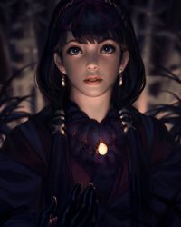 Rule 34 | 1girl, absurdres, black gloves, black hair, blue eyes, blunt bangs, blurry, blurry background, close-up, dark, depth of field, earrings, eyebrows, feather trim, gloves, guweiz, hair over shoulder, hair ribbon, highres, japanese clothes, jewelry, kimono, light bulb, lips, long hair, looking at viewer, low twintails, night, original, outdoors, parted lips, purple kimono, purple ribbon, ribbon, solo, twintails, upper body