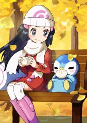 Rule 34 | 1girl, absurdres, arutarika (ri kaoekaki), bag, beanie, bench, black hair, boots, closed mouth, coat, commentary request, creatures (company), dated, dawn (pokemon), day, duffel bag, food, game freak, gen 4 pokemon, grey eyes, hair ornament, hairclip, hat, highres, holding, holding food, long hair, long sleeves, nintendo, outdoors, over-kneehighs, pink footwear, piplup, poke ball print, pokemon, pokemon (creature), pokemon dppt, pokemon platinum, red coat, scarf, sitting, smile, steam, thighhighs, watermark, white bag, white headwear, white scarf