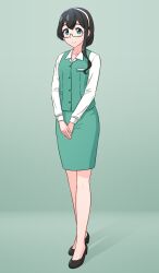 Rule 34 | 1girl, alternate costume, black footwear, black hair, collared shirt, dress shirt, full body, geometrie, glasses, green eyes, green skirt, green vest, grey background, hairband, high heels, highres, kantai collection, long hair, low ponytail, office lady, ooyodo (kancolle), pencil skirt, pumps, semi-rimless eyewear, shirt, simple background, skirt, solo, under-rim eyewear, vest, white hairband, white shirt