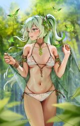Rule 34 | 1girl, aged up, alternate costume, armlet, bare shoulders, bikini, blush, bracelet, breasts, cape, collarbone, crystalfly (genshin impact), foxyreine, genshin impact, gradient hair, green cape, green eyes, green hair, hair ornament, highres, jewelry, leaf hair ornament, long hair, looking to the side, medium breasts, multicolored hair, nahida (genshin impact), navel, neck ring, open mouth, pointy ears, side ponytail, sidelocks, smile, solo, stomach, swimsuit, symbol-shaped pupils, thighs, white bikini, white hair