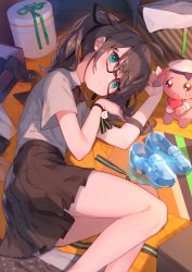 Rule 34 | 1girl, arm up, black-framed eyewear, blue footwear, bow, brown bow, brown hair, brown skirt, collared shirt, commentary request, feet out of frame, glasses, green eyes, hair between eyes, hand up, highres, hololive, loafers, lying, natsuiro matsuri, on side, pleated skirt, ponytail, shindou kamichi, shirt, shoes, unworn shoes, short sleeves, skirt, solo, virtual youtuber, white shirt