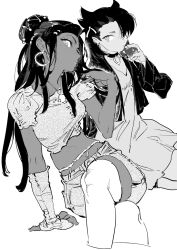 Rule 34 | 2girls, atie1225, breasts, choker, closed mouth, creatures (company), crop top, cropped jacket, crossed legs, dark-skinned female, dark skin, dress, earrings, fingerless gloves, game freak, gloves, greyscale, groin, hair cuffs, hair horns, hair ornament, hair over one eye, hand up, highres, holding, holding poke ball, jewelry, long hair, long sleeves, looking at viewer, marnie (pokemon), medium breasts, midriff, monochrome, multiple girls, necklace, nessa (pokemon), nintendo, o-ring, o-ring choker, poke ball, pokemon, pokemon swsh, short dress, short hair, short shorts, short sleeves, shorts, simple background, single glove, sitting, thighhighs, upper body, white background