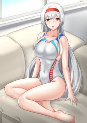 Rule 34 | 1girl, alternate costume, barefoot, breasts, brown eyes, competition swimsuit, covered navel, grey hair, headband, highleg, highleg swimsuit, highres, kantai collection, large breasts, legs, long hair, looking at viewer, one-piece swimsuit, red headband, shoukaku (kancolle), sitting, solo, swimsuit, toenails, toes, very long hair, wata nuki, white one-piece swimsuit, yokozuwari