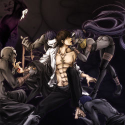 Rule 34 | 1girl, 4boys, abs, ass, assassin (fate/zero), bad id, bad pixiv id, bald, bandages, barefoot, bent over, bisexual male, blue hair, boxers, butt crack, collarbone, command spell, cross, cross necklace, dark-skinned female, dark skin, earrings, fate/zero, fate (series), female assassin (fate/zero), hoop earrings, imminent kiss, jewelry, kiss, kissing foot, kissing hand, kotomine kirei, long hair, male underwear, mask, mozukuzukuzuku, multiple boys, muscular, necklace, open clothes, open fly, open shirt, pants, ponytail, purple hair, shirt, smoke, tongue, tongue out, underwear, undressing, unzipped, very long hair