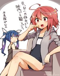 Rule 34 | 10s, 2girls, :o, ahoge, alternate costume, bare legs, bare shoulders, blue hair, blush stickers, breasts, camisole, chips (food), crossed legs, eating, food, food on face, hair ornament, hair ribbon, i-19 (kancolle), i-58 (kancolle), jacket, kantai collection, long hair, long sleeves, looking back, multiple girls, open mouth, pink eyes, pink hair, red eyes, ribbon, rimukoro, school swimsuit, short hair, sitting, sleeveless, smile, swimsuit, swimsuit under clothes, tri tails, twintails, twitter username
