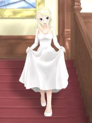Rule 34 | 1girl, artist request, blonde hair, blue eyes, clothes lift, dress, dress lift, elbow gloves, gloves, highres, long dress, looking at viewer, shoes, solo, stairs, walking, white dress, white footwear, white gloves