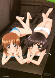 Rule 34 | 10s, 2girls, absurdres, akiyama yukari, barefoot, bikini, black eyes, black hair, blue bikini, blush, breasts, brown eyes, brown hair, crossed legs, downblouse, feet, frown, girls und panzer, grass, hand on own chin, head rest, highres, itou takeshi, legs, legs up, light smile, looking at viewer, lying, megami deluxe, megami magazine, military, military vehicle, motor vehicle, multiple girls, nishizumi miho, non-web source, official art, on side, on stomach, on vehicle, outdoors, page number, panzer iv, panzer iv, parted bangs, poking, scan, short hair, sitting, small breasts, smile, soles, swimsuit, tank, toe scrunch, toes, untied, vehicle, wavy hair, white bikini, yuri