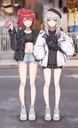 Rule 34 | 2girls, aa-12 (girls&#039; frontline), ahoge, alternate costume, bare legs, beret, bike shorts, black hat, black jacket, black nails, black shorts, blue eyes, blue shorts, blunt bangs, blurry, blurry background, blush, bright pupils, candy, casual, closed eyes, coat, collar, commentary, contemporary, crop top, day, denim, denim shorts, depth of field, drawstring, facing viewer, food, full body, girls&#039; frontline, grin, hand in pocket, hand on another&#039;s shoulder, hat, highres, hood, hood down, hoodie, jacket, jewelry, leather, leather jacket, lollipop, long hair, long sleeves, looking at viewer, mp7 (girls&#039; frontline), multiple girls, nail polish, navel, necklace, open clothes, open coat, open jacket, outdoors, parted lips, ponytail, puffy long sleeves, puffy sleeves, red hair, shoes, short hair, shorts, signature, silver hair, smile, sneakers, socks, standing, stomach, teeth, twitter username, unzipped, v, white coat, white footwear, white legwear, yp7 (vvy), zipper pull tab