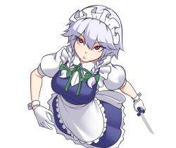 Rule 34 | 1girl, apron, blue dress, bow, braid, breasts, commentary, cowboy shot, dress, english commentary, frilled apron, frills, gloves, green bow, green ribbon, hair between eyes, hair bow, holding, holding knife, holding weapon, izayoi sakuya, knife, large breasts, left-handed, looking at viewer, maid, maid apron, maid headdress, mochi (chain csn), neck ribbon, petticoat, puffy short sleeves, puffy sleeves, red eyes, ribbon, shirt, short hair, short sleeves, silver hair, simple background, solo, touhou, tsurime, twin braids, waist apron, weapon, white apron, white background, white gloves, white shirt, wrist cuffs