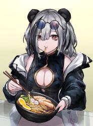 Rule 34 | 1girl, absurdres, animal ears, arknights, bare shoulders, black dress, black jacket, bowl, breasts, china dress, chinese clothes, chopsticks, cleavage, cleavage cutout, clothing cutout, dress, eating, eyewear on head, feater (arknights), female focus, gold trim, grey hair, hair between eyes, highres, holding, holding bowl, jacket, long hair, medium breasts, multicolored hair, neonbeat, noodles, open clothes, open jacket, panda ears, red eyes, round eyewear, short dress, sitting, sleeveless, sleeveless dress, solo, streaked hair, sunglasses, sunglasses on head, transparent, twintails, udon